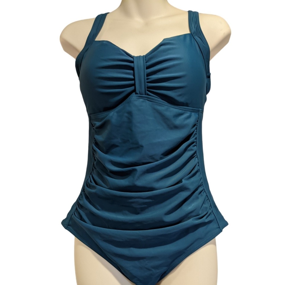 Medium Blue One Piece Swimsuit‎ Sliming Adjustable Straps Padded Removable Bra